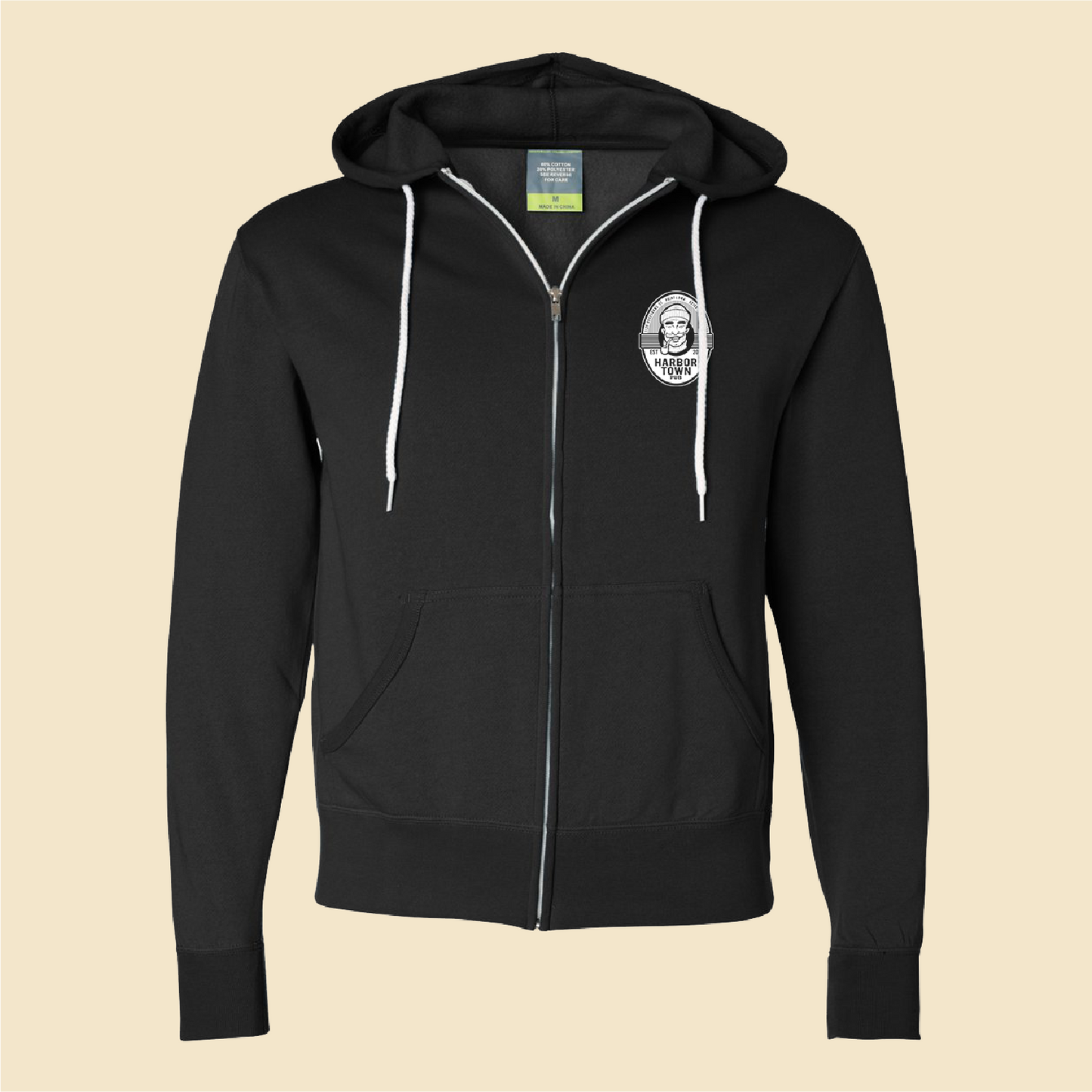 100% cotton face zip-up black Harbor Town hoodie